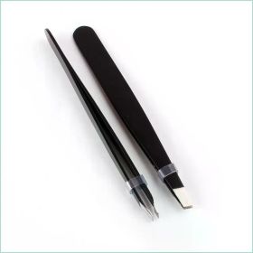 Black Eyebrow Tweezers Stainless Steel Slant Tip Hair Removal Makeup Tool Kit Eyelashes Extension Double Eyelid Application (Color: 02 black-   1pc)