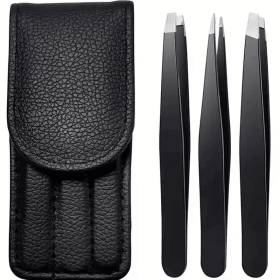 Black Eyebrow Tweezers Stainless Steel Slant Tip Hair Removal Makeup Tool Kit Eyelashes Extension Double Eyelid Application (Color: A0148-3PCS)