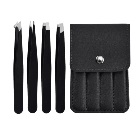 Black Eyebrow Tweezers Stainless Steel Slant Tip Hair Removal Makeup Tool Kit Eyelashes Extension Double Eyelid Application (Color: A0148-4PCS)